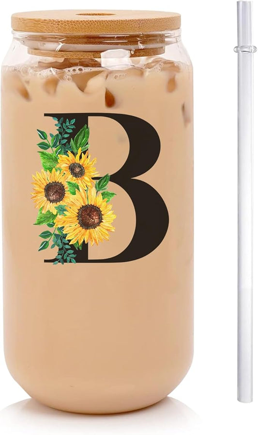 Initial Glass Cups Sunflower with Bamboo Lids and Straws,16oz Iced Coffee Mug Tumbler,Monogrammed Birthday Gifts Mother's Day Sunflower Gifts for Women,Mom,Friend,Sister