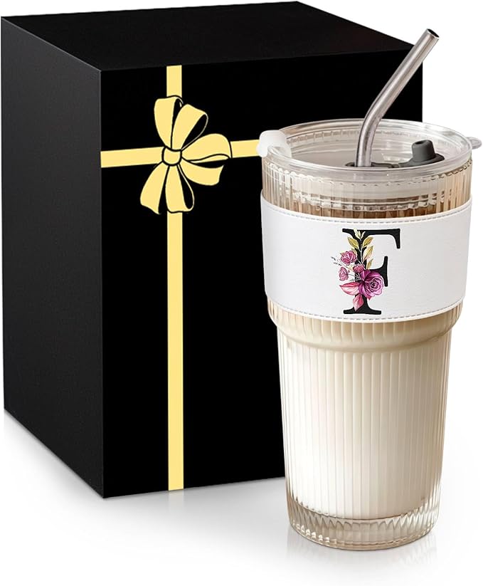 MNZZ Monogram Glass Cup with Lid Straw Ribbed Ice Tea Coffee Matcha Moving Away Leaving Goodbye Latte Clear Tumbler Farewell Going Women Coworker Teacher Friends Boss Neighbors Basic Training Gifts F