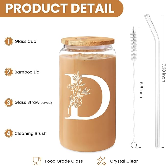 SANDJEST Monogrammed Gifts for Women - Monogram D Initial Glass Cup 16 Oz Can Coffee Cups with Lid and Straw - Monogram Initials Gifts for Womens on Birthday