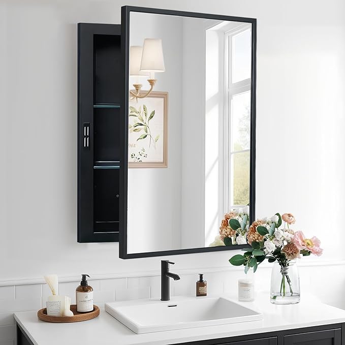 Recessed Medicine Cabinets with Mirror, Black Bathroom Mirror with Storage, Rectangle Medicine Cabinet Vanity Mirrors, Antirust Metal Framed Wall Mirror Recessed or Surface Mount, 16x24 Inch