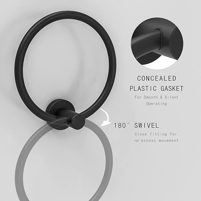 Matte Black 2 Pack Towel Ring, Hand Towel Holder for Bathroom Kitchen Modern Rounded Base Wall Mount SUS304 Stainless Steel, 180° Rotation
