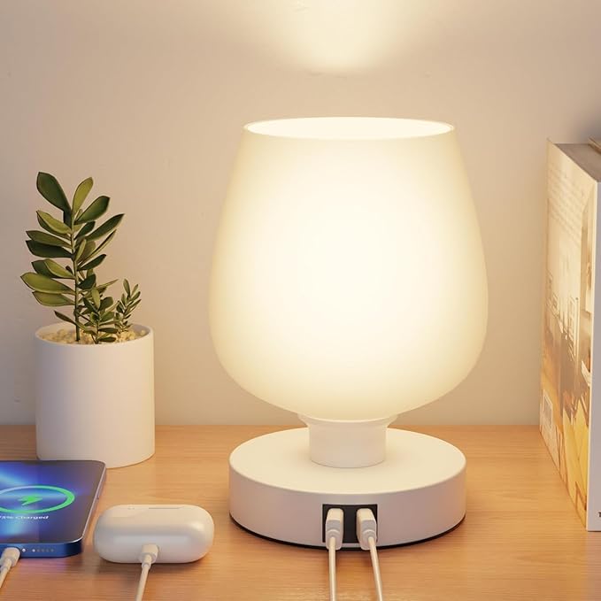 Touch Bedside Table Lamp with 2 USB Ports - 3 Way Dimmable Modern Small Lamps for Bedroom Living Room Nightstand, Desk Lamps with White Opal Glass Lamp Shade, Warm LED Bulb, Bulb Included