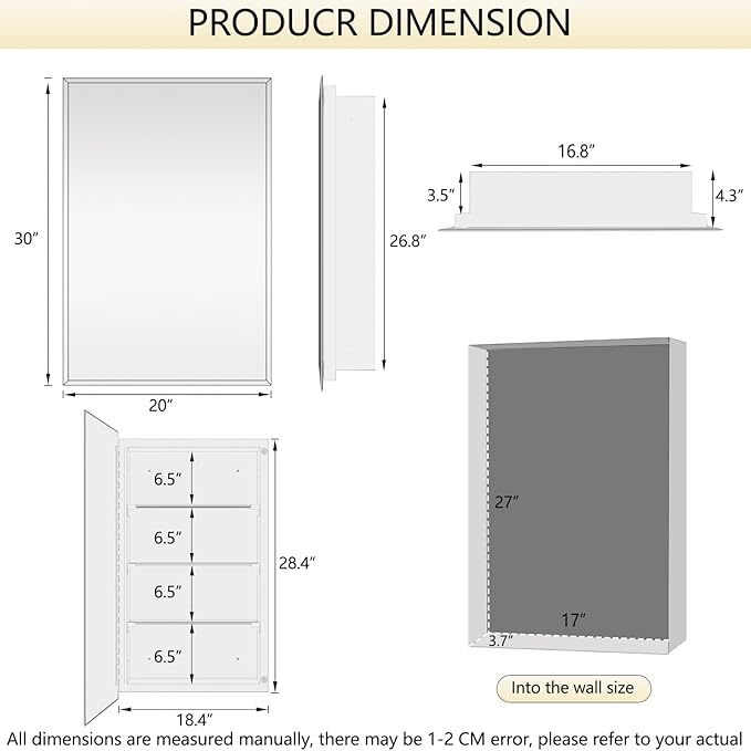 Bathroom Medicine Cabinet with 20x30 in Rectangular Beveled Frameless Mirror,Wall Mounted Mirror Cabinet for Bathroom Toilet Kitchen,Recess or Surface Mount,Already Assembly