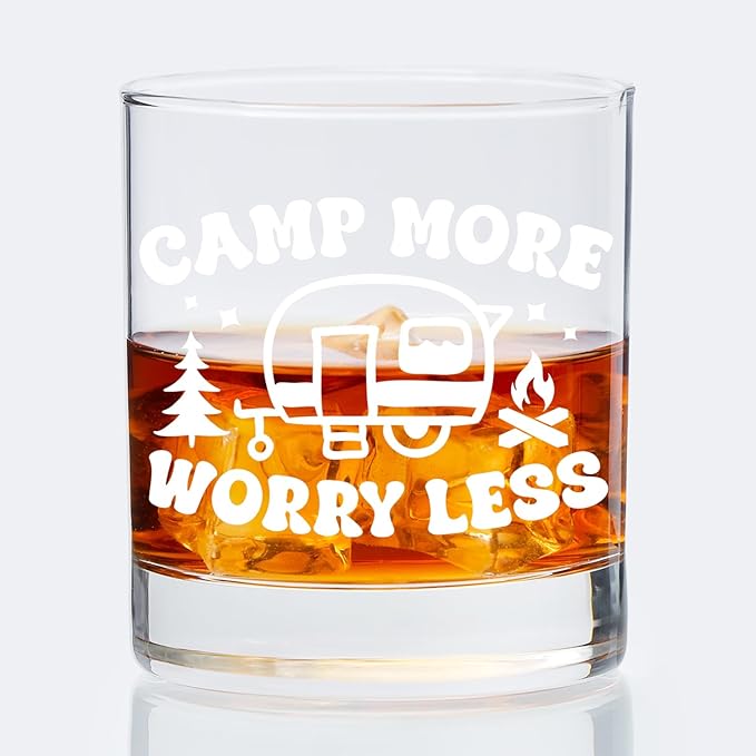 Camping Lovers Gifts Old Fashioned Whiskey Glasses, Camper Gifts for Rv Owner, Camp More Worry Less 10 oz Rocks Barware Cup for Cocktail Drinks Scotch Bourbon Liquor