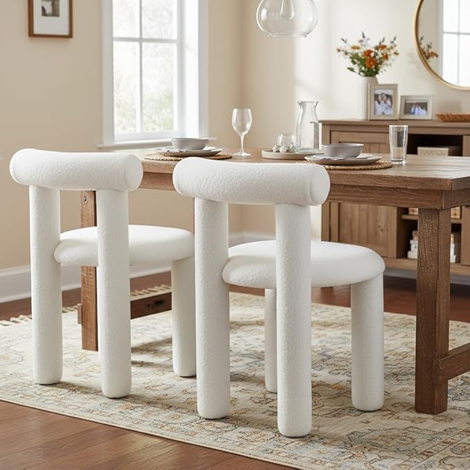 DUOMAY Modern White Boucle Dining Chairs Set of 2, Sherpa Upholstered Kitchen Chairs Armless Barrel Back Dining Chair, Living Dining Room Chairs, Reception, White