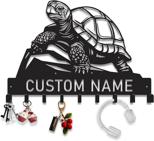 Custom Tortoise Metal Key Holder for Wall, Personalized Family Name Metal Sign with Hooks, Entryway Coat Rack and Organizer for Keys, Leashes, Hats (Style-2)