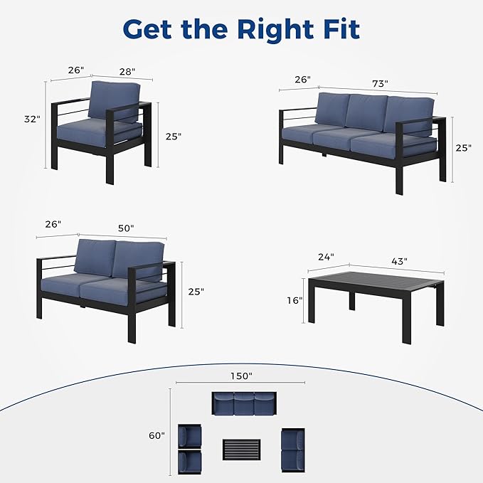 Wisteria Lane Aluminum Outdoor Patio Furniture Set, 7 Seats Modern Patio Conversation Sets, Outdoor Sectional Metal Sofa with 5 Inch Cushion and Coffee Table for Garden, Black Frame and Blue Cushion