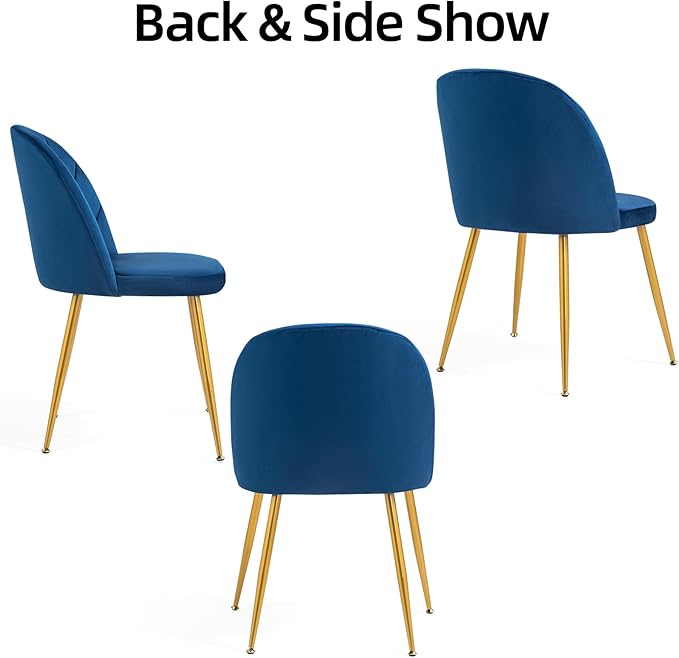 Velvet Dining Chairs Set of 2, Upholstered Mid Century Modern Dining Chairs, Armless Accent Chair with Metal Gold Legs for Living Room, Kitchen, Dining Room, Blue
