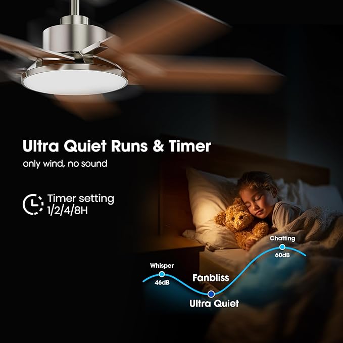44 Inch Ceiling Fans with Lights, Modern Nickel Ceiling Fan with Dimmable LED, 6 Speeds, Timer, Quiet Reversible DC Motor, Remote Control Ceiling Fan for Bedroom, Living Room and Kitchen
