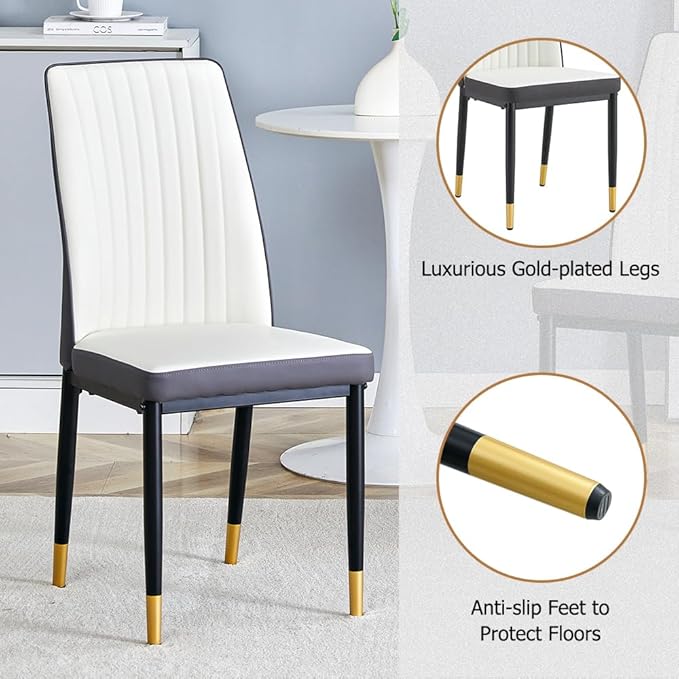 Modern Dining Table Set for 4, Marble Kitchen Table Chair Set for 4, Rectangular Kitchen Table with PU Leather Upholstered Chair for Dining Room (Off White-C)
