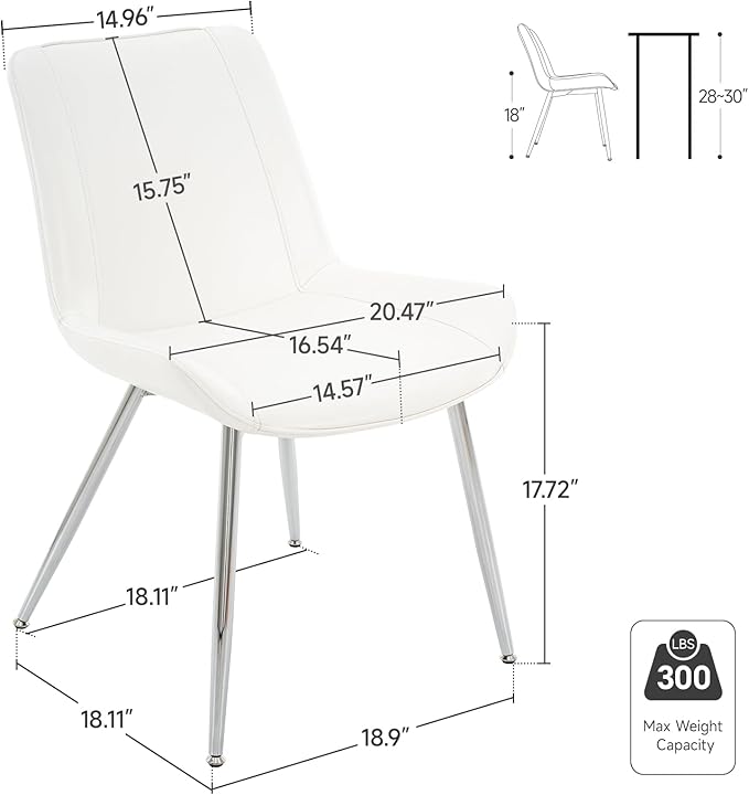 Brage Living Dining Chairs Set of 2, PU Leather Modern Armless Kitchen Dining Room Chairs, Upholstered Accent Side Chairs with Metal Legs (White with Silver Legs)