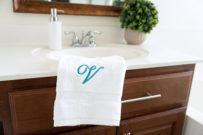 White Monogrammed Hand Towels for Bathroom - Luxury Hotel Quality Personalized Initial Embroidered Towel for Powder Room, Spa - GOTS Organic Certified - Set of 2 Teal Letter V