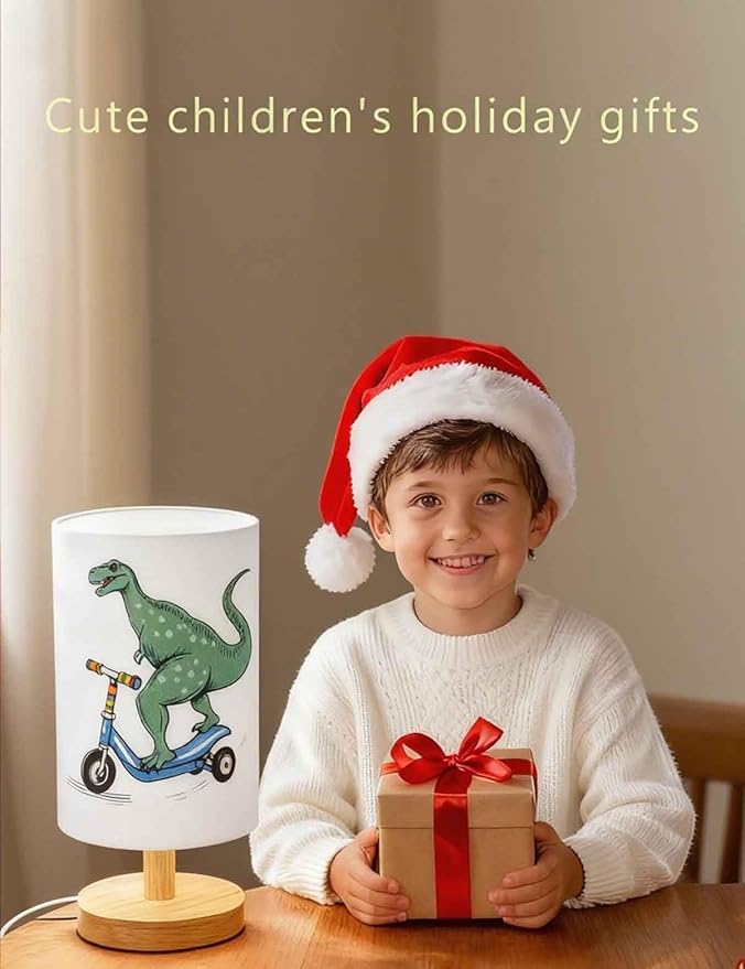 Dinosaur Lamp, Dinosaur Decor Boys Room, 3 Color Night Light Wood Nightstand Desk Base Flaxen Fabric Shade for Bedroom Living Room, Dino Lovers Gifts, LED Bulb Included (Blue Dinosaur)