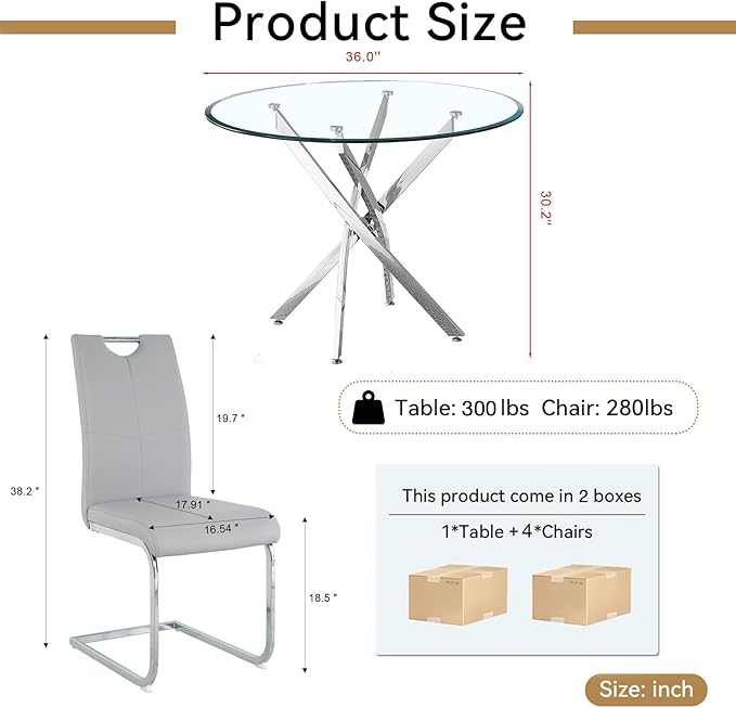 Goujxcy 5 Pieces Round Dining Table Set for 4, Modern Silver Glass Kitchen Table and Chairs for 4 with Upholstered Chairs, Circle Coffee Dining Table Set for Small Space,Apartment,Office