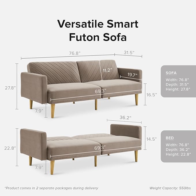 mopio 76.4" Futon Sofa Bed, Couch, Loveseat, Sleeper Sofa, Mid Century Modern Futon Couch, Sofa Cama, Couches for Living Room (Mocha Brown Premium Velvet)