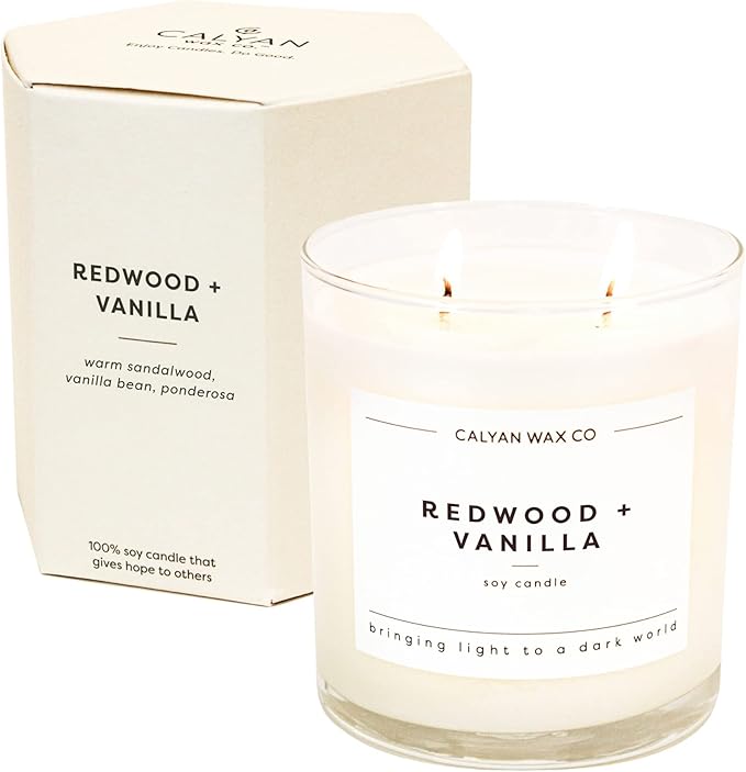 Calyan Wax Co. Redwood & Vanilla 2 Wick Scented Candle - 37 Hour Burn - Luxury Non Toxic Soy Wax Candles - Long Lasting Large Glass Jar Candle for Home - 8.8oz