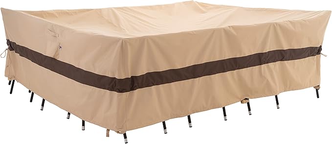 WJ-X3 Large Beige & Coffee Heavy-Duty Patio Table Cover, 136x88x36in, Waterproof, Wind-Resistant, Anti-Fade - Ideal for Sectional Outdoor Furniture Sets