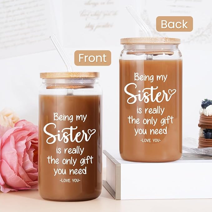 SANDJEST Sister Gift, Funny Sister Coffee Cup, 16 Oz Bamboo Lid & Straw - Gifts for Women, Birthday, Christmas