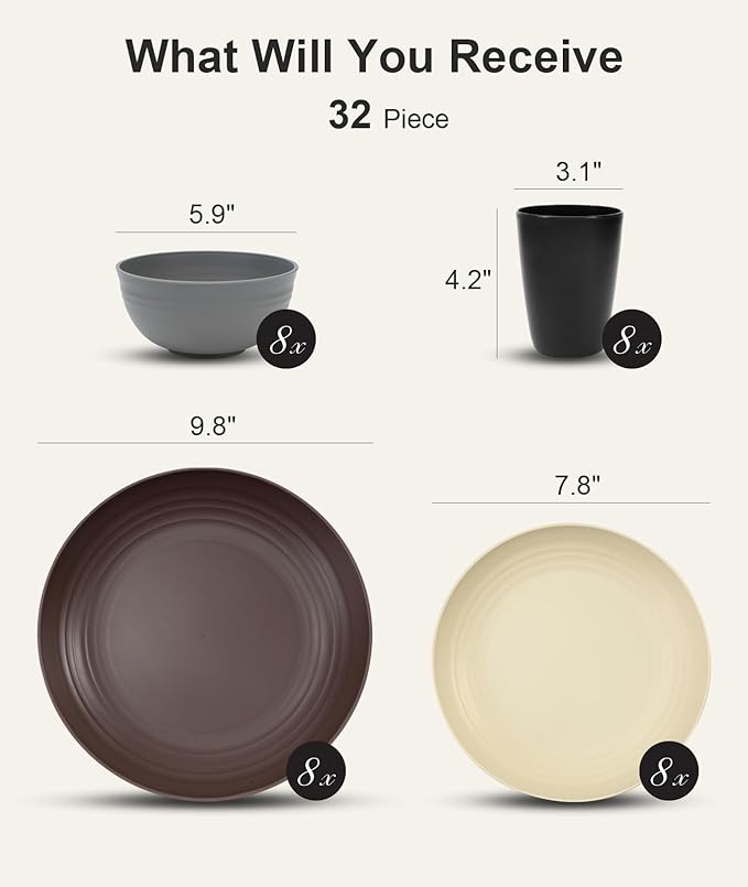 Quatish 32 Piece Plates and Bowls Sets for 8, Unbreakable Dinnerware Sets, Plastic Dish Set for Camping, Dishwasher Microwave Safe, Outdoor Kitchen and Apartment Dinning RV Essentials, Brown