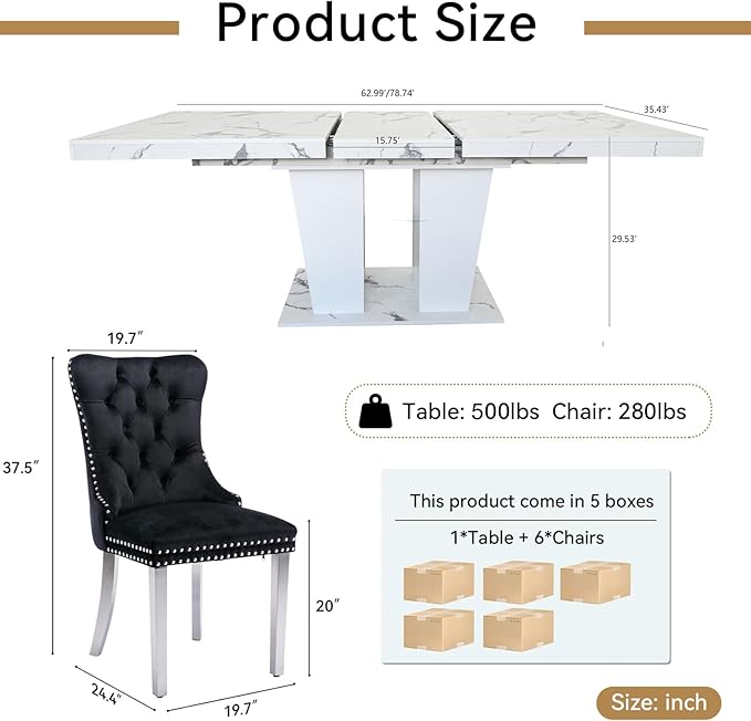 7-Piece Extendable Dining Table Set for 6-8 People 63-78 Inch Kitchen Table Set with 6 Black Upholstered Chairs Modern White Faux Marble Rectangular Dining Room Table Set for Kitchen Apartment