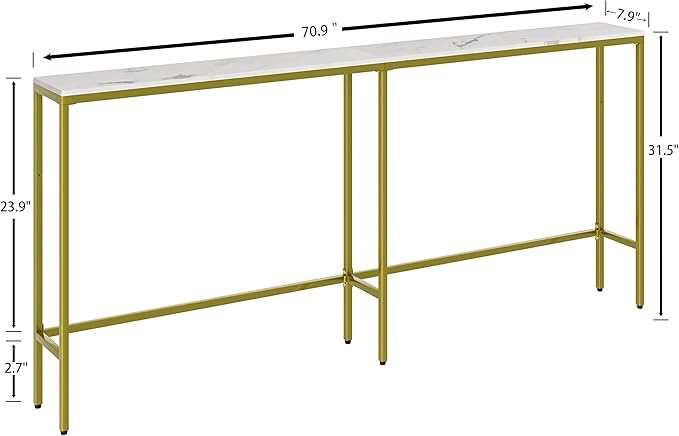 70.9" Console Table,Modern Extra Narrow Long Sofa Table Behind Couch,Skinny Entry Table with Gold Metal Frame for Living Room, Hallway,Marble White