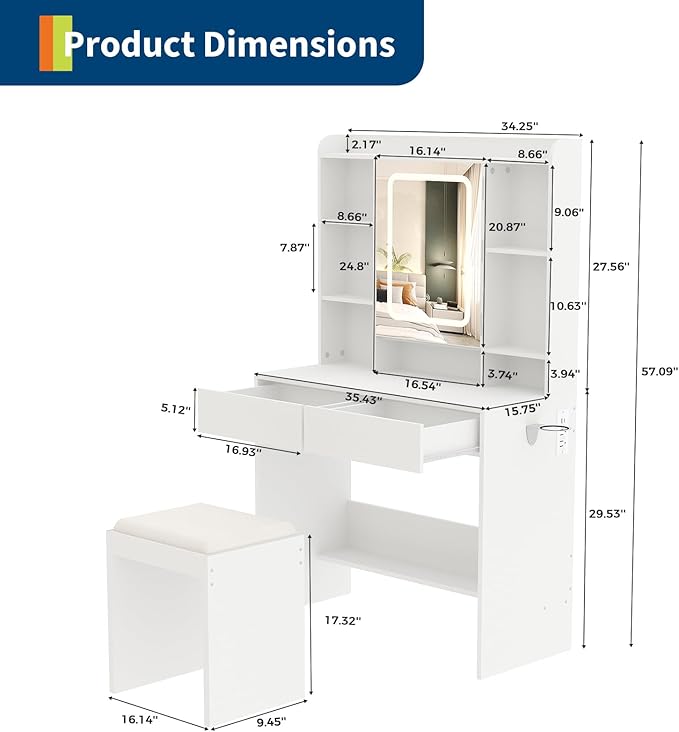 GarveeHome Vanity Desk with Mirror and Lights, for Bedroom, Includes Padded Stool, Easy to Assemble, Storage Drawers, USB Outlets, Hairdryer Holder, Adjustable LED Light with 3 Lighting Modes