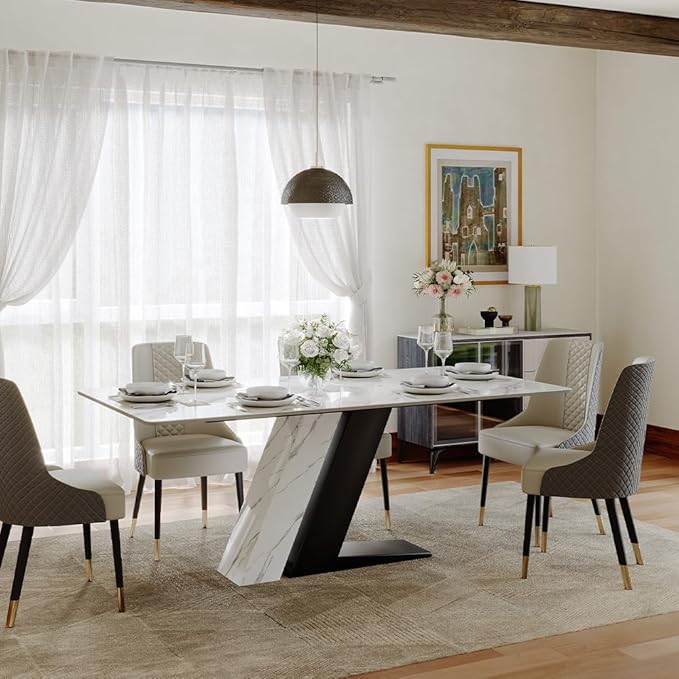 POVISON 71" Luxury Modern Dining Table for 6, Sintered Stone Dining Table Top with Z-Shaped Stainless Steel Pedestal, Rectangle Dining Room Table (Table Only)