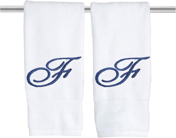 White Monogrammed Hand Towels for Bathroom - Luxury Hotel Quality Personalized Initial Embroidered Towel for Powder Room, Spa - GOTS Organic Certified - Pack of 2 Navy, Letter F