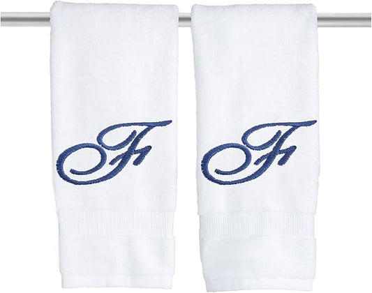 White Monogrammed Hand Towels for Bathroom - Luxury Hotel Quality Personalized Initial Embroidered Towel for Powder Room, Spa - GOTS Organic Certified - Pack of 2 Navy, Letter F