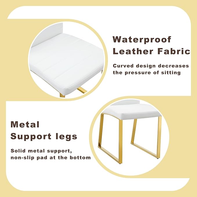 Modern Dining Chairs Set of 4, White Faux Leather Kitchen Chairs, Upholstered Armless Dining Room Chair with Gold Mental Legs Heavy Duty, Comfortable (White and Gold, Set of 4)