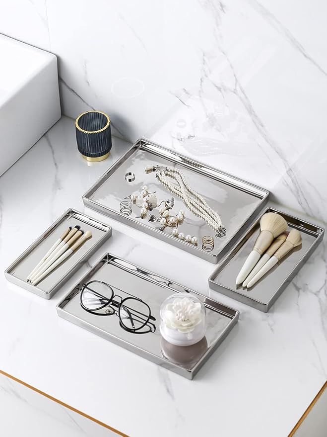 Ceramic Trinket Tray Rectangte Vanity Jewelry Organizer Makeup Mirror Tray Silvery Medium