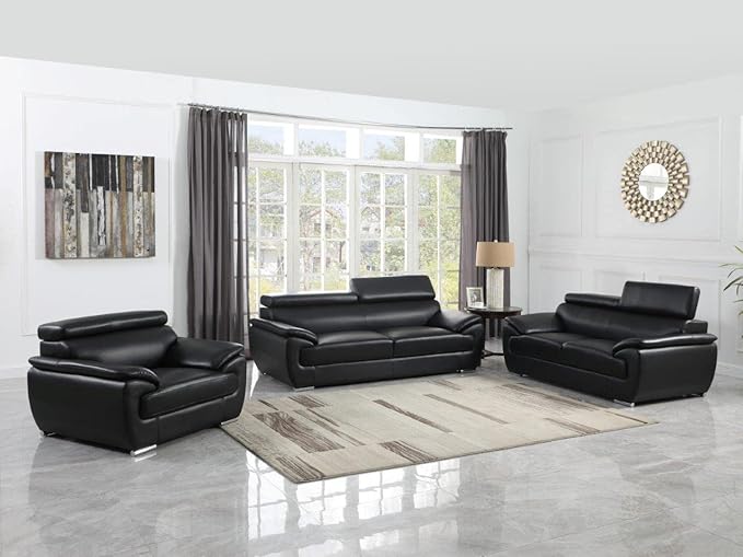 Blackjack Furniture 4571 Veal Collection Modern Genuine Leather Accent Chair with Adjustable Headrest, Sturdy Wood Frame and Stainless Steel Legs, Stylish Living Room Arm Chair, Black