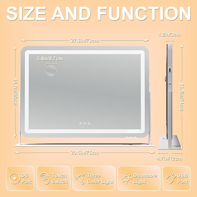 Hasipu Vanity Mirror with Lights, 30" x 21" LED Makeup Mirror, Light up Mirror with 10X Magnification and Phone Holder, USB Charging Port, Smart Touch 3 Colors Dimmable, 360° Rotation (White)