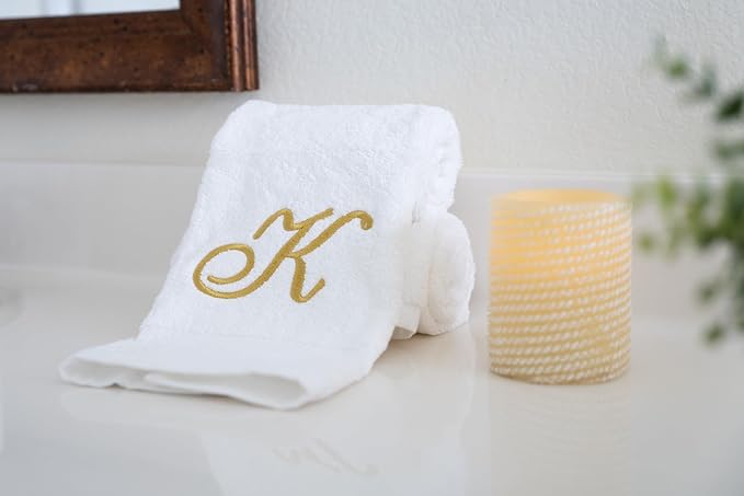 White Monogrammed Hand Towels for Bathroom - Luxury Hotel Quality Personalized Initial Embroidered Towel for Powder Room, Spa - GOTS Organic Certified - Set of 2 Gold Letter K