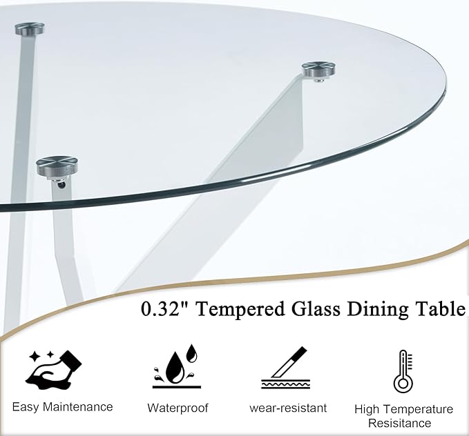 36" Round Dining Table for 4, Modern Clear Glass Kitchen Table for 4 with White X Metal Legs, Contemporary Small Circle Dining Room Leisure Tables for Kitchen Apartment