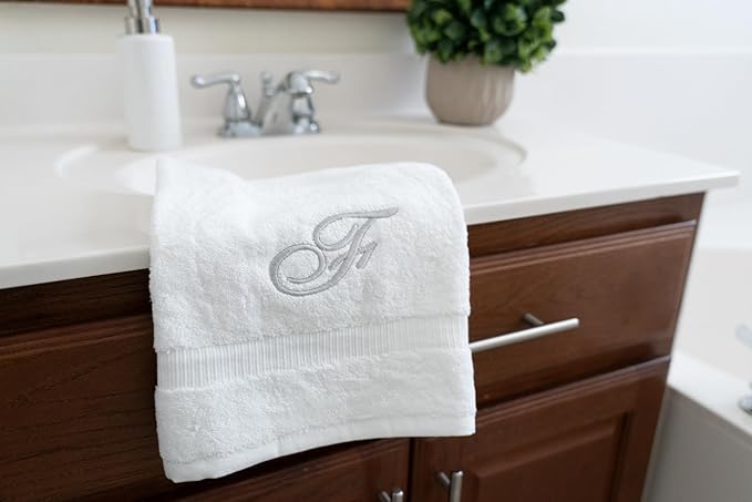 White Monogrammed Hand Towels for Bathroom - Luxury Hotel Quality Personalized Initial Embroidered Towel for Powder Room, Spa - GOTS Organic Certified - Set of 2 Silver Letter F