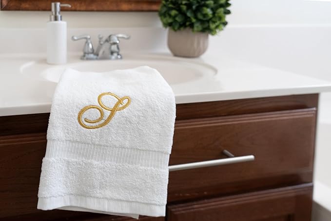 White Monogrammed Hand Towels for Bathroom - Luxury Hotel Quality Personalized Initial Embroidered Towel for Powder Room, Spa - GOTS Organic Certified - Pack of 2 Gold, Letter S