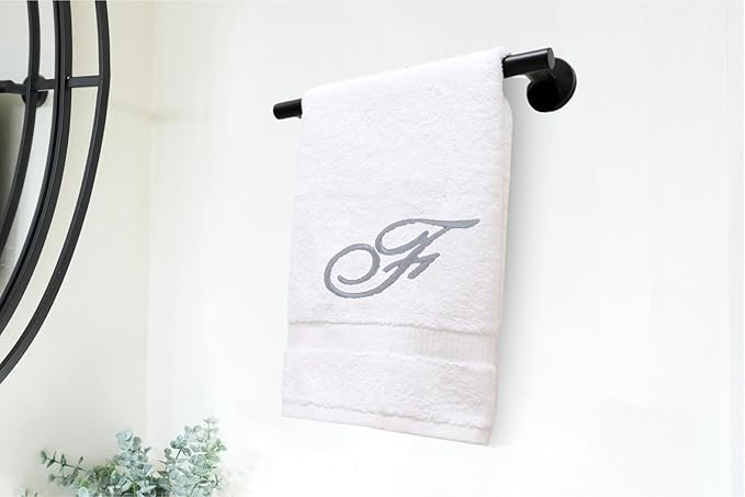White Monogrammed Hand Towels for Bathroom - Luxury Hotel Quality Personalized Initial Embroidered Towel for Powder Room, Spa - GOTS Organic Certified - Set of 2 Silver Letter F