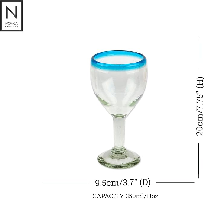 NOVICA Artisan Handblown Glass Wine Glasses Clear with Aqua Rim 8 Oz Set of 6 Blue Mexico Tableware Drinkware Recycled Eco Friendly [ 7.75in H x 3.7in Diam. 11 Oz.] ' Aquamarine Kiss' Set of 6