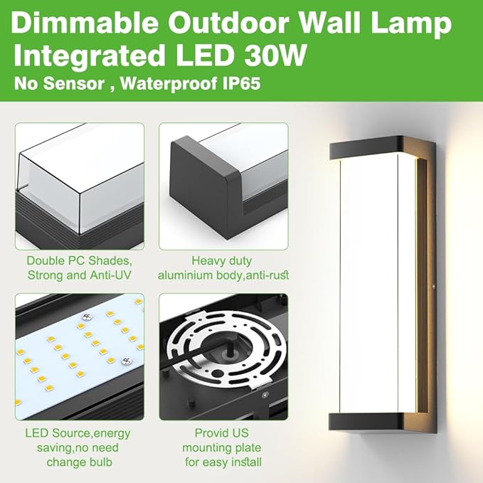 10%-100% Dimming Modern Outdoor Wall Light 2Packs, 16in 3000K LED Dimmable Porch & Patio Wall Light Fixture,Black Aluminum&Dual PC Wall Lights for Garage Living Room Courtyard House(2Packs 3000K)