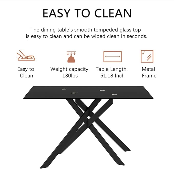 51" Rectangular Glass Dining Table Modern Kitchen Glass Top Table for 4 with Black Metal Legs, Clear Dining Table Kitchen Table for Home Office Dining Room