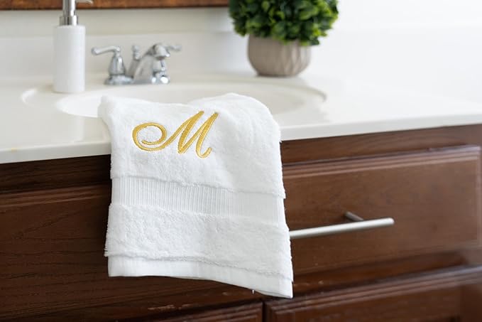 White Monogrammed Hand Towels for Bathroom - Luxury Hotel Quality Personalized Initial Embroidered Towel for Powder Room, Spa - GOTS Organic Certified - Pack of 2 Gold, Letter M