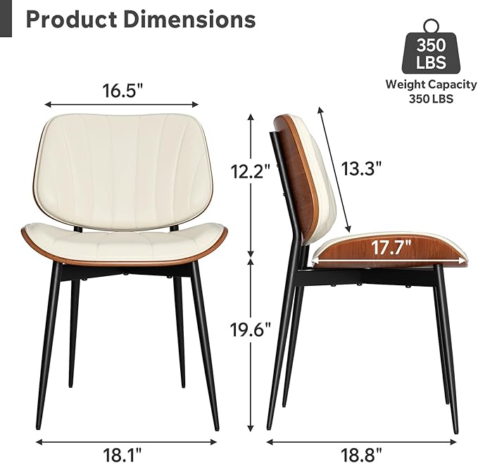 Dining Chairs Set of 8, Mid Century Modern Dining Room Chair, Upholstered Faux Leather Kitchen Chairs with Walnut Bentwood Back and Metal Legs for Kitchen Dining Room Living Room, Beige