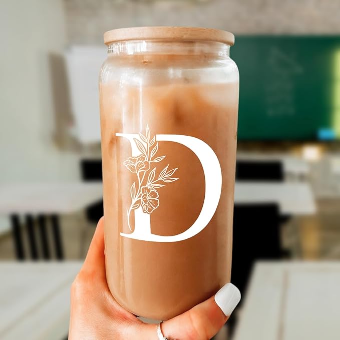 SANDJEST Monogrammed Gifts for Women - Monogram D Initial Glass Cup 16 Oz Can Coffee Cups with Lid and Straw - Monogram Initials Gifts for Womens on Birthday