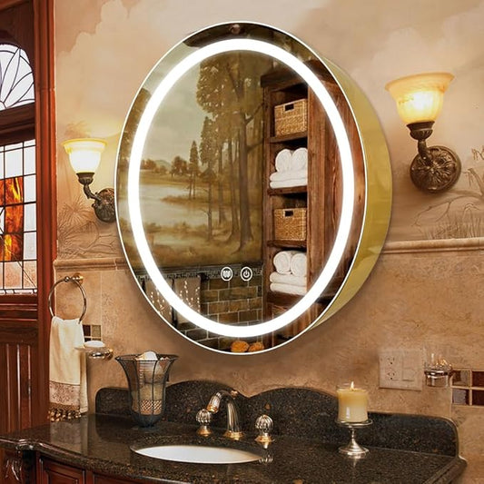 28inch Round Medicine Cabinet with Lights,Led Medicine Cabinet with Defogger,Illuminated Mirror Cabinet for Bathroom,Dimmable,Anti-Fog,3 Colors,Surface Mount only,Gold