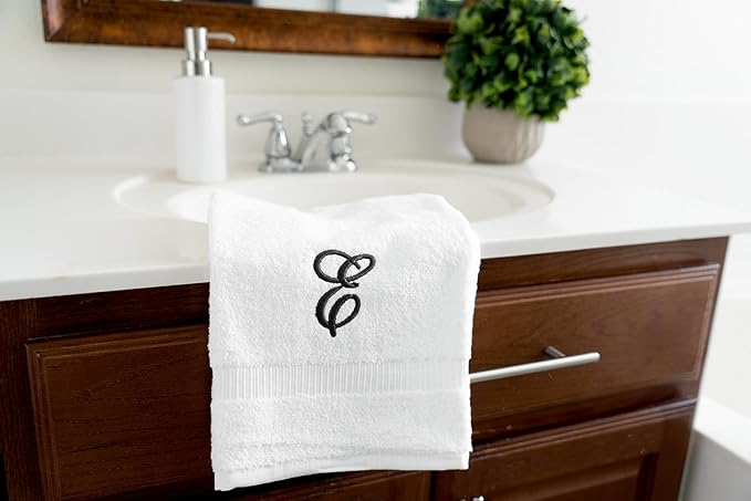 White Monogrammed Hand Towels for Bathroom - Luxury Hotel Quality Personalized Initial Embroidered Towel for Powder Room, Spa - GOTS Organic Certified - Set of 2 Black Letter E