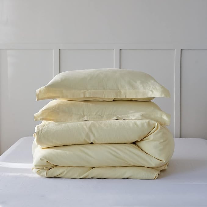 Simple&Opulence French Linen Duvet Cover Set - Full Size(78" x 86")- 3 Pieces (1 Comforter Cover,2 Pillowcases)- Natural Flax Cotton Blend-Solid Color Breathable Farmhouse Bedding-Pale Yellow
