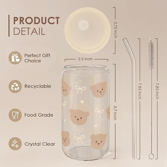 Bear Glass Can, Iced Coffee Aesthetic Cup, Gift for Christmas Birthday, Gifts for Women Girls, 16oz