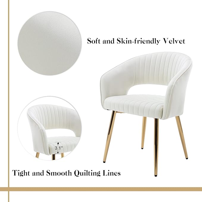 Modern Velvet Dining Chairs Set of 8, Upholstered Gold Dining Room Chairs with Hollow Back, Accent Armrest Kitchen Chairs with Gold Legs for Living Room Reception Beige