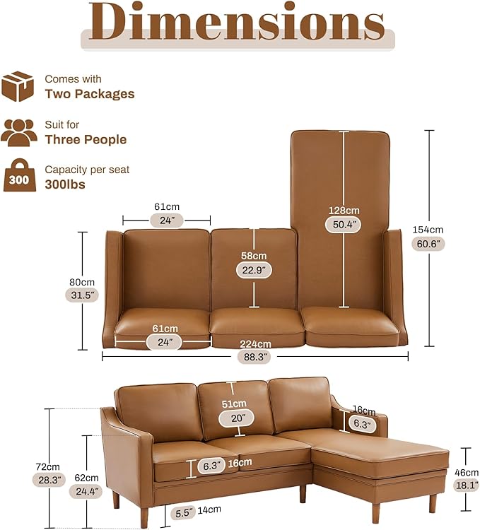 Kingfun 88" L-Shape Sofa, Faxu Leather Sectional Couch, Mid Century Modern Couches with Solid Wood Frame for Living Room & Bedroom, Brown